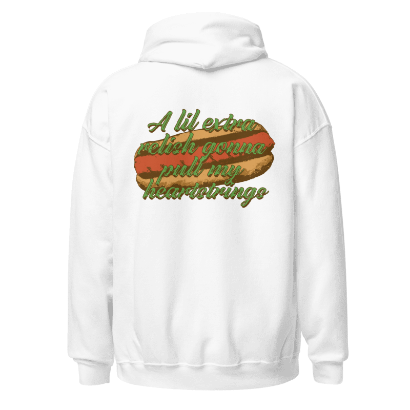 Big Hot Dogs Unisex Hoodie w/Relish Back (White)