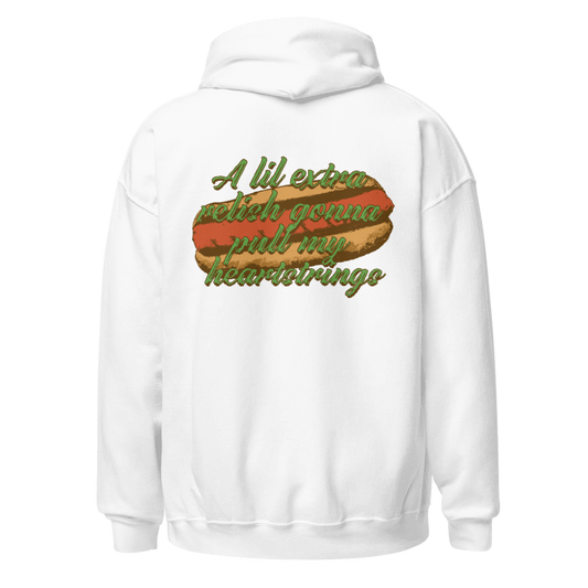 Big Hot Dogs Unisex Hoodie w/Relish Back (White)
